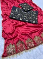 Satin Silk Red Traditional Wear Embroidery Work Saree